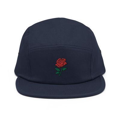Embroidered Red Rose Flower 5 Five Panel Cap Floral Embriodery Camper Style Hat