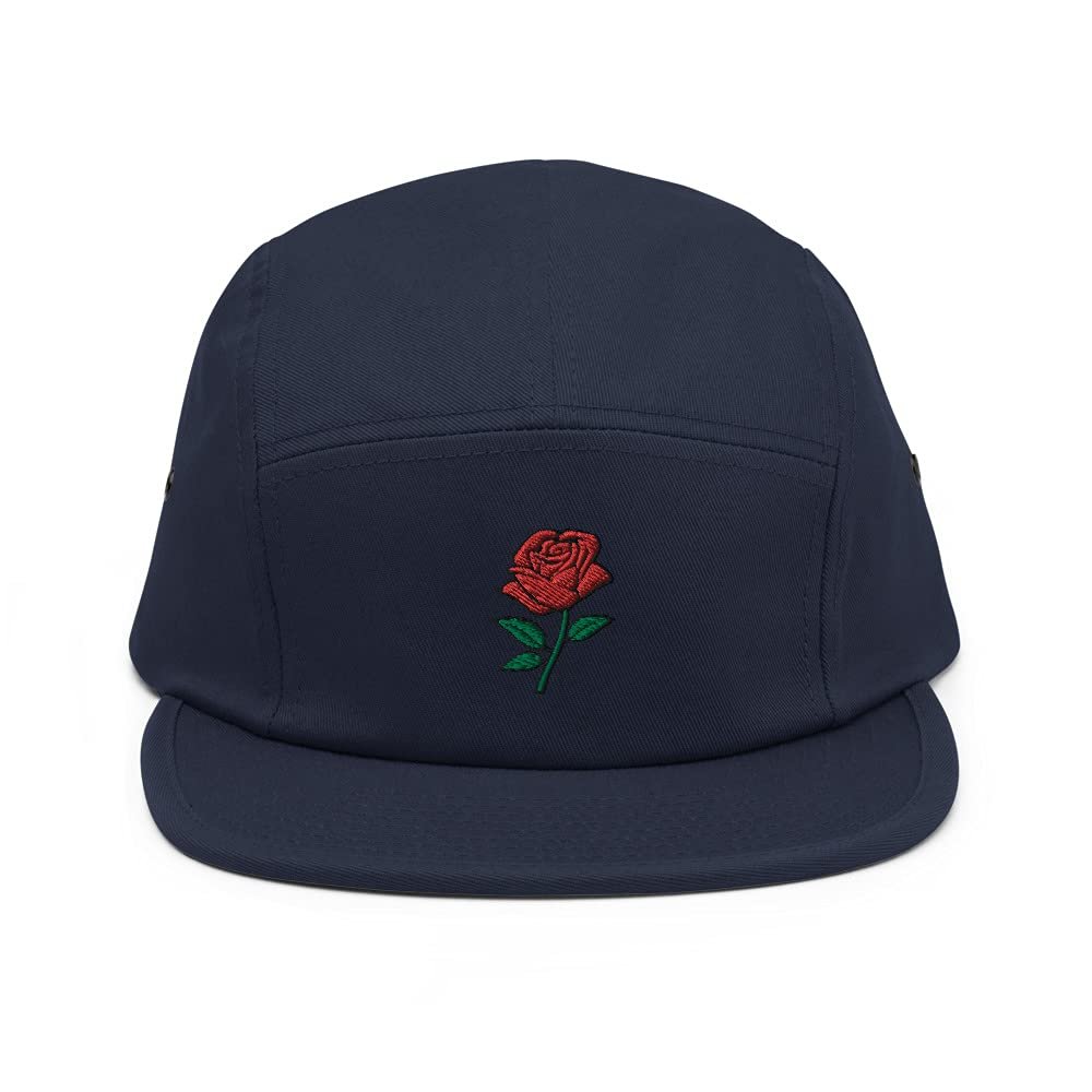 Embroidered Red Rose Flower 5 Five Panel Cap Floral Embriodery Camper Style Hat