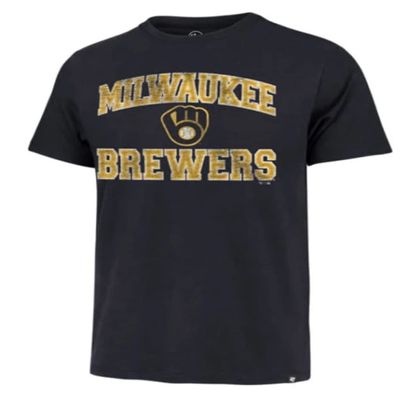 47 MLB Men's Union Arch Franklin Team Color Primary Logo Word Mark Short Sleeve T-Shirt - Milwaukee Brewers Navy Small