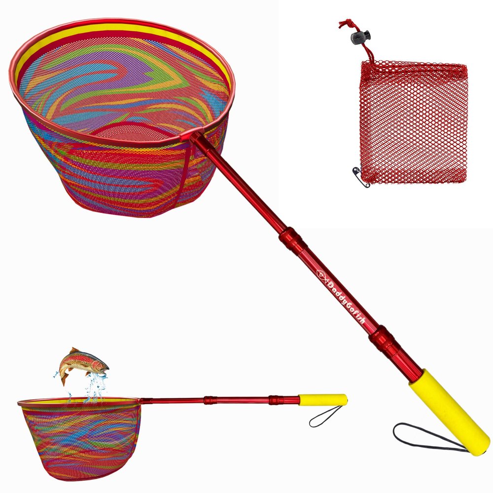 DaddyGoFish Kids Fishing Net - Extendable Telescopic Landing Net for Boy Girl Children Catching Small Fish Crab Shrimp Minnow Dragonfly Beach Pier Lake River Ocean (Style 1 (Red))