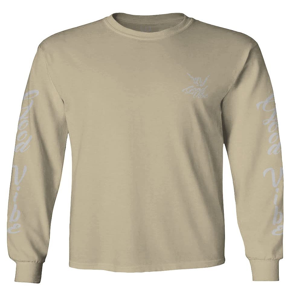 0190. Good Vibe Bones Hand Shaka Graphic dope Streetwear Style Men's Long Sleeve t Shirt (Beige Medium)