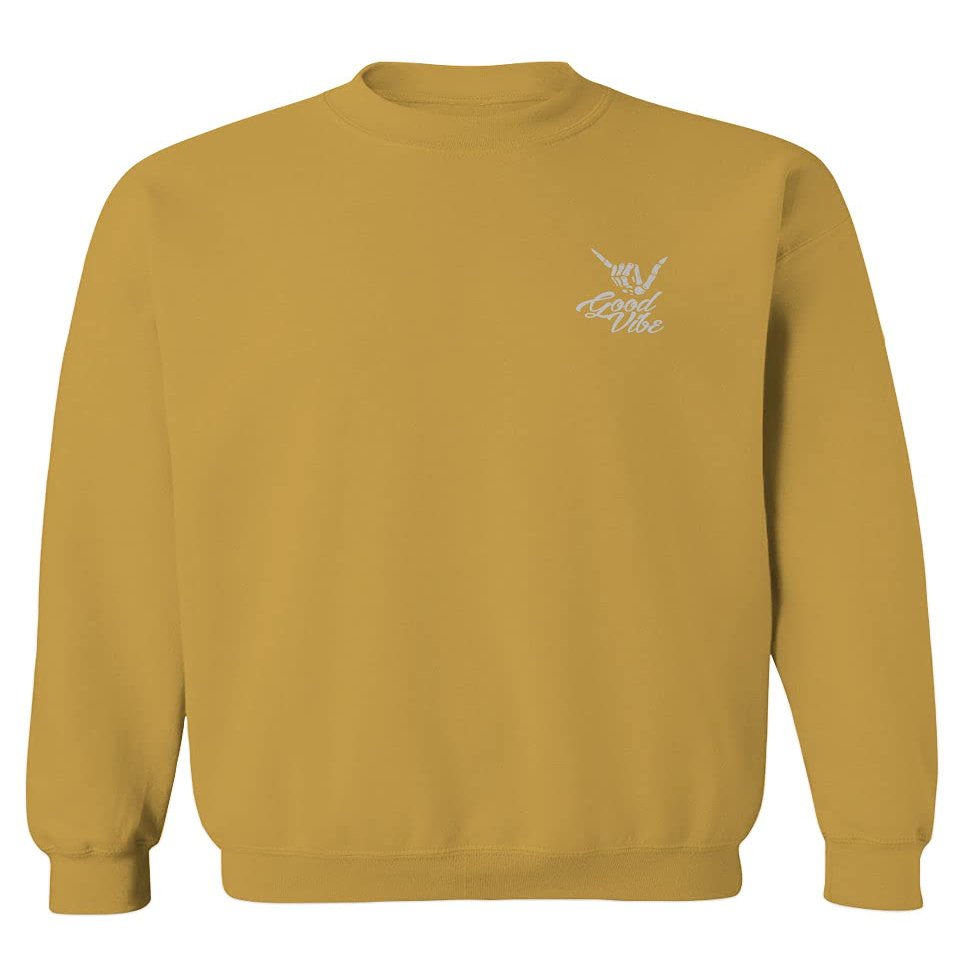 0012. Good Vibe Bones Hand Shaka Cool Vintage Hipster Graphic Men's Crewneck Sweatshirt (Gold X-Large)