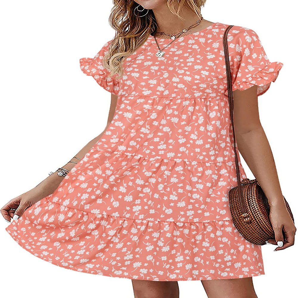 Chuanqi Womens Ruffles Boho Floral Printed Babydoll Loose Swing Casual Short Mini T-Shirt Dress (Pink, x_s)