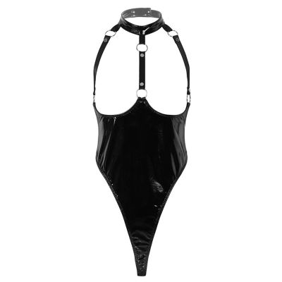 KHJK Active Women Lingerie One-piece Patent Leather Backless High Cut Thong Bodysuit (Color : Black, Size : Small)