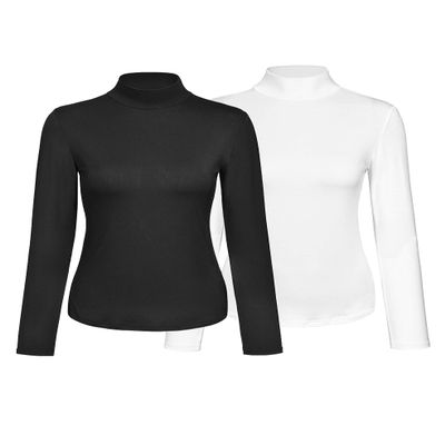 Kindcall Womens Slim Fitted Mock Turtleneck Tops Long Sleeve Lightweight Base Layer Shirts (Black White, X-Large)