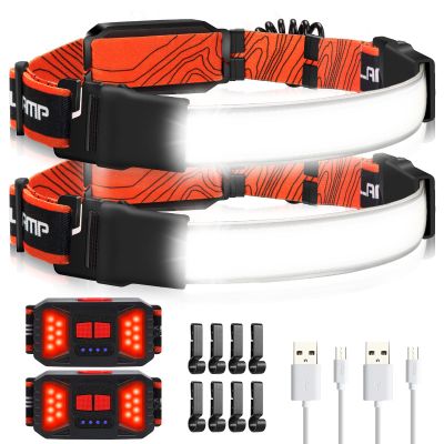 Adelante LED Headlamp Flashlight, 2Pack 1000LM 230Wide-Beam Rechargeable Head Lamp for Adults, Red Taillight & 8 Clips Waterproof Hard Hat Light Headlamps for Running Hiking and Camping