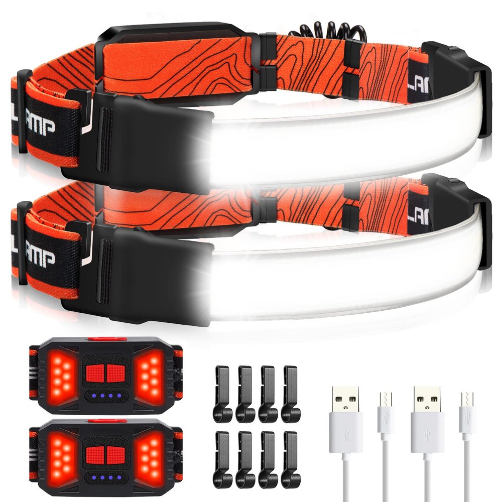 Adelante LED Headlamp Flashlight, 2Pack 1000LM 230Wide-Beam Rechargeable Head Lamp for Adults, Red Taillight & 8 Clips Waterproof Hard Hat Light Headlamps for Running Hiking and Camping