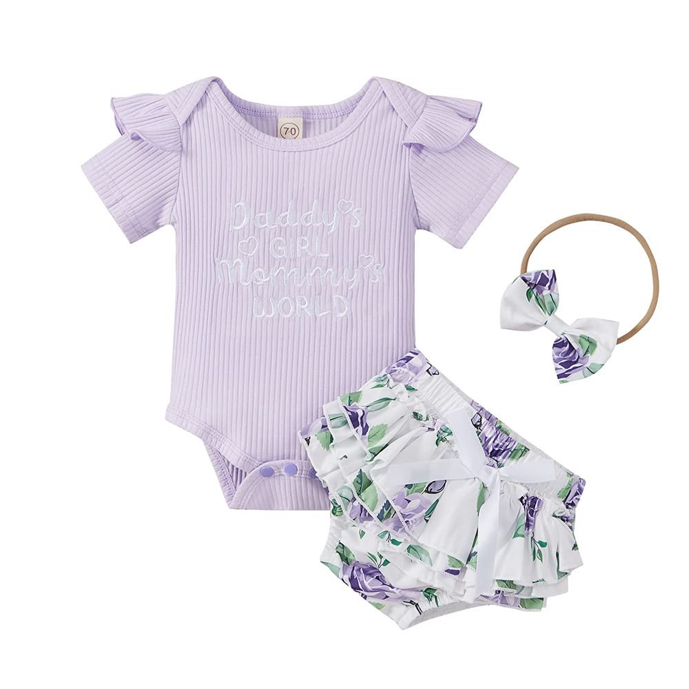 Infant Baby Girls Floral Ruffle Shorts Set Cute Romper Bodysuit Top and Bloomer Shorts Outfit Summer Clothes (Purple,12-18 Months,)