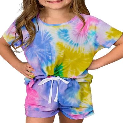 Dokotoo Girls Summer Casual Cute T-Shirt Shorts Outfits Set Short Sleeve Tops Tee Clothes Round Neck Tie Dye Stretchy Drawstring Waist Shorts with Side Pockets 2026 Size 6-7 Yellow