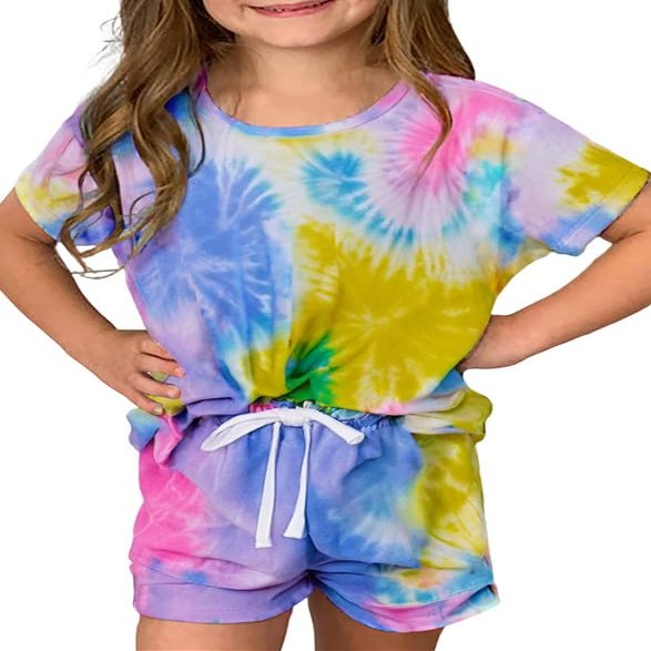 Dokotoo Girls Summer Casual Cute T-Shirt Shorts Outfits Set Short Sleeve Tops Tee Clothes Round Neck Tie Dye Stretchy Drawstring Waist Shorts with Side Pockets 2026 Size 6-7 Yellow