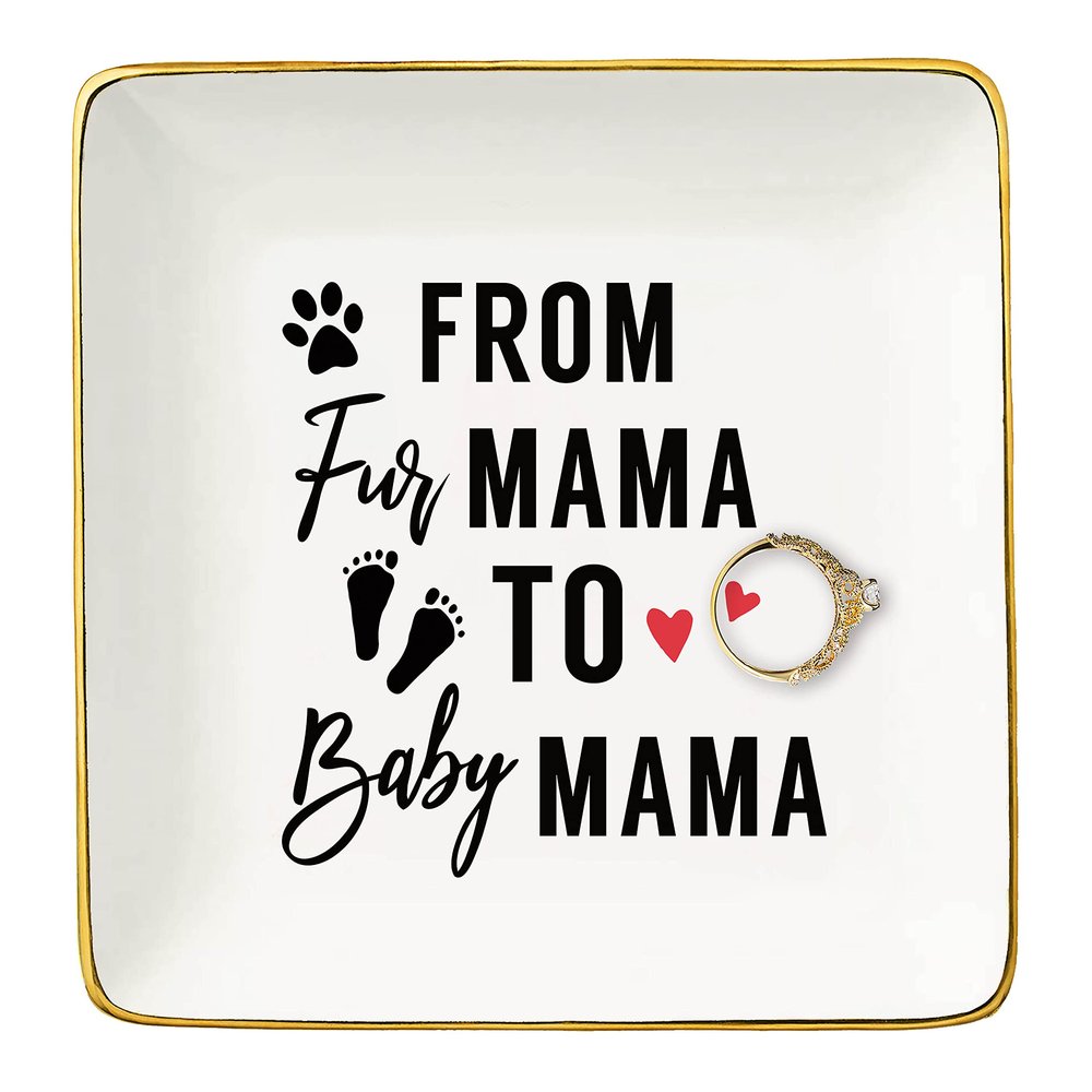 Topthink From Fur Mama to Baby Mama - Pregnancy Announcement Gift - Ceramic Jewelry Holder Ring Dish Trinket Tray for New Mom