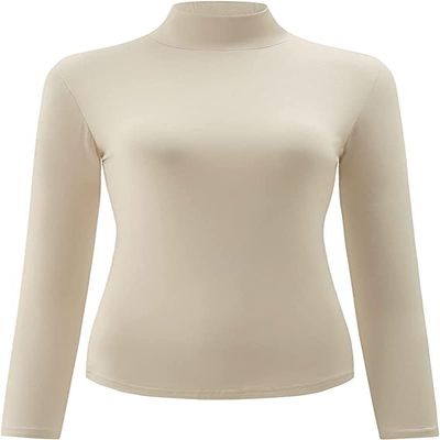 Kindcall Womens Slim Fitted Mock Turtleneck Tops Long Sleeve Lightweight Base Layer Shirts (Beige1, Large)