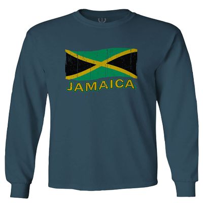 0052. Carribean Outfit Jamaica Jamaican National Country Flag Men's Long Sleeve t Shirt (Indigo Blue X-Large)