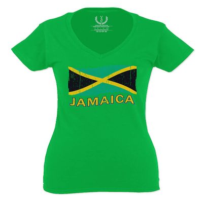 0052. Carribean Outfit Jamaica Jamaican National Country Flag for Women V Neck Fitted T Shirt (Irish GreenX Small)