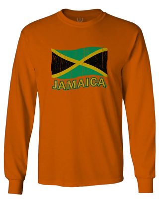 0052. Carribean Outfit Jamaica Jamaican National Country Flag Men's Long Sleeve t Shirt (Orange 2X Large)