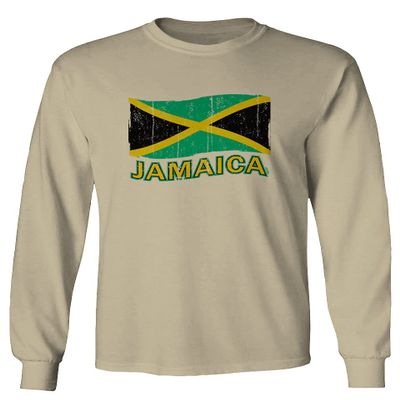 0052. Carribean Outfit Jamaica Jamaican National Country Flag Men's Long Sleeve t Shirt (Beige 2X Large)