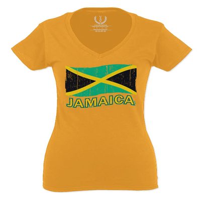 0052. Carribean Outfit Jamaica Jamaican National Country Flag for Women V Neck Fitted T Shirt (Gold Small)