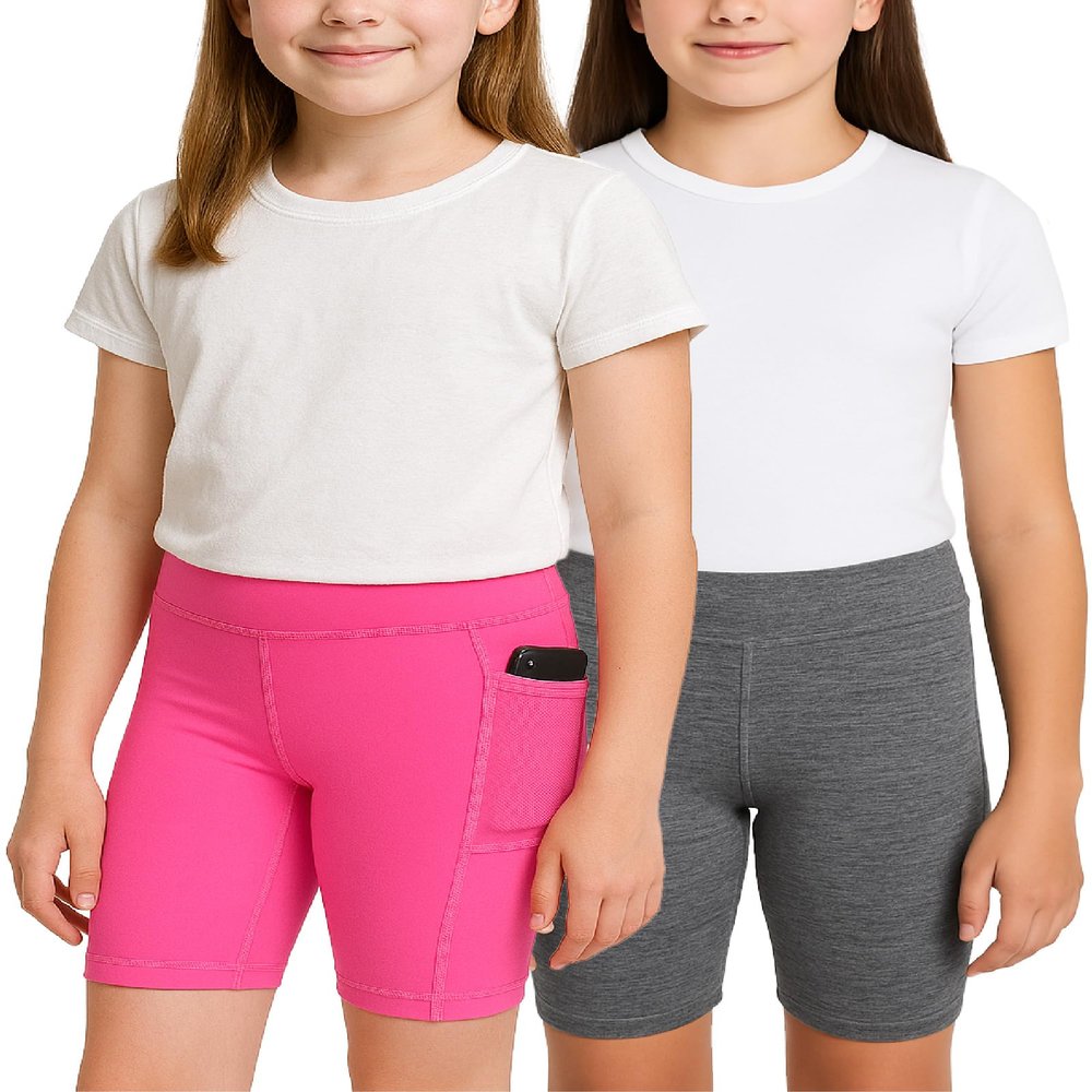 dELiA*s Girls Bike Shorts - 2 Pack Athletic Compression High Waisted Biker Shorts for Girls for Dance Yoga Gymnastics (7-16), Size 10-12, Grey/Pink