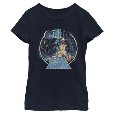 Star Wars Vintage Victory Girl's Solid Crew Tee, Navy Blue, X-Small