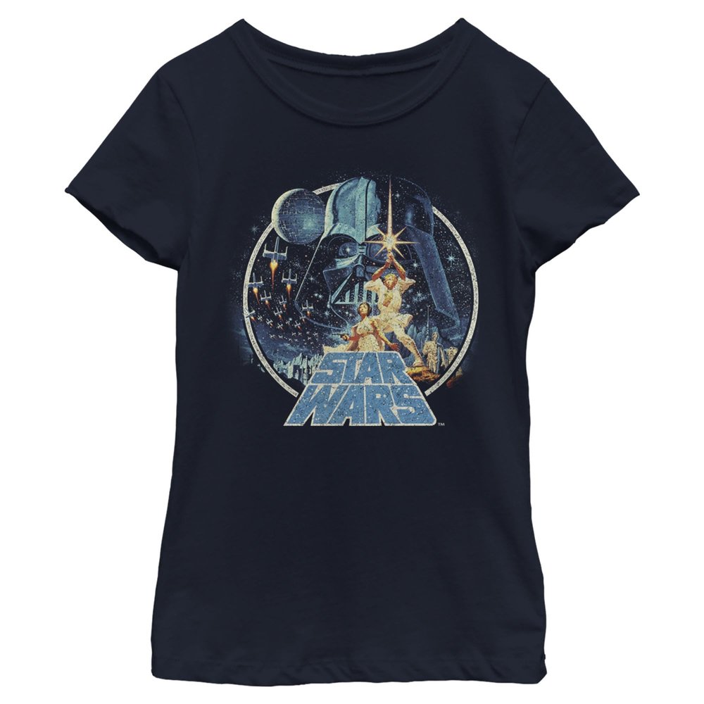 Star Wars Vintage Victory Girl's Solid Crew Tee, Navy Blue, X-Small