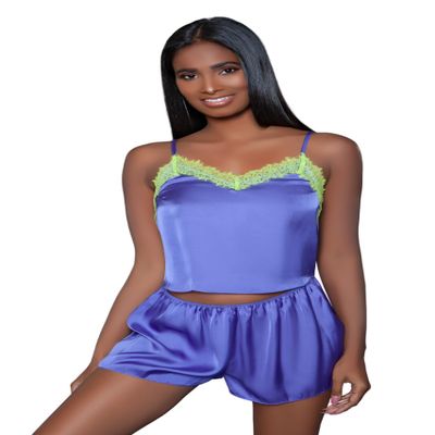 Be Wicked Callie Neon Satin Short Set Purple/Neon Yellow Small