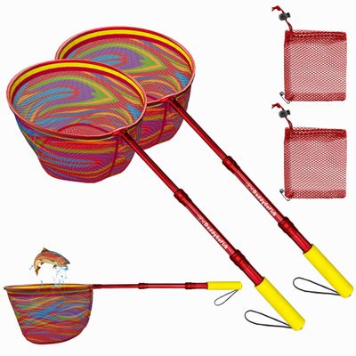 DaddyGoFish Kids Fishing Net - Extendable Telescopic Landing Net for Boy Girl Children Catching Small Fish Crab Shrimp Minnow Dragonfly Beach Pier Lake River Ocean (Style 1 (2 Pack, Red + Red))