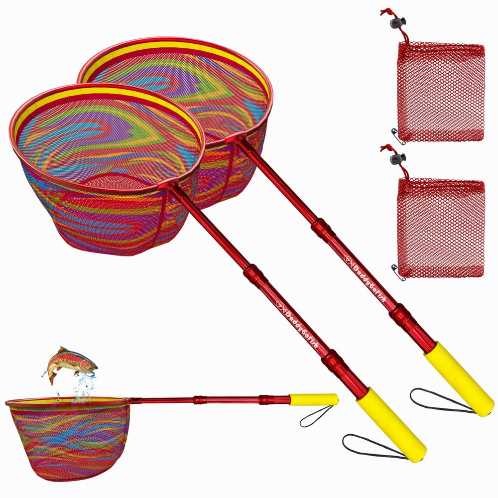 DaddyGoFish Kids Fishing Net - Extendable Telescopic Landing Net for Boy Girl Children Catching Small Fish Crab Shrimp Minnow Dragonfly Beach Pier Lake River Ocean (Style 1 (2 Pack, Red + Red))