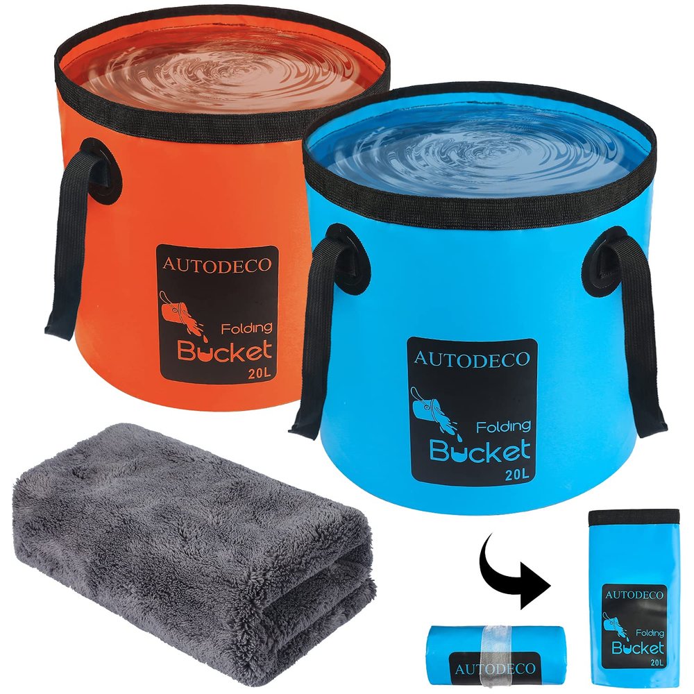 AUTODECO 2 Pack Collapsible Bucket 5 Gallon Container Folding Water Bucket Portable Wash Basin for Outdoor Travelling Camping Fishing Gardening Car Washing Blue and Orange 20L