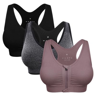 Women's Zip Front Sports Bra - Wireless, Padded, Surgical Zip Up Racerback Yoga Bra for Workout & Fitness - Low Impact 3 Pack (X-Large, 3 Pack(Black+Grey+Light Purple))