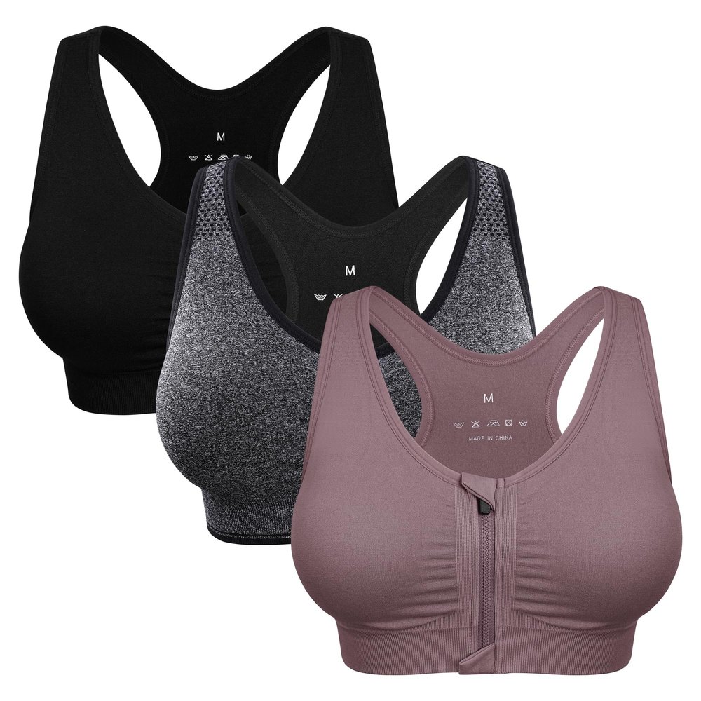 Women's Zip Front Sports Bra - Wireless, Padded, Surgical Zip Up Racerback Yoga Bra for Workout & Fitness - Low Impact 3 Pack (X-Large, 3 Pack(Black+Grey+Light Purple))
