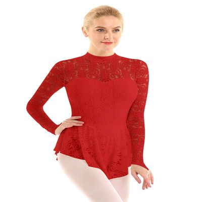 Hansber Women's Floral Lace Long Sleeve Figure Ice Skating Dress Ballet Dance Leotard Dresses Lyrical Dance Costume Red Small