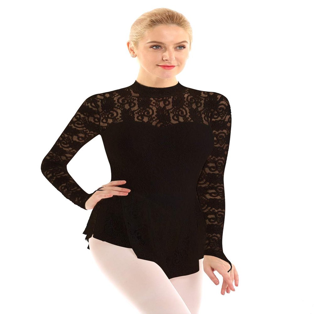 Hansber Women's Floral Lace Long Sleeve Figure Ice Skating Dress Ballet Dance Leotard Dresses Lyrical Dance Costume Black X-Large