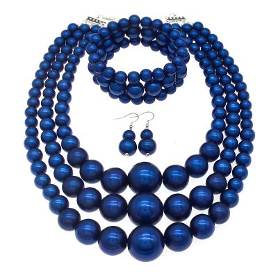 A-royal Blue Chunky Faux Pearl Necklace and Earring Set - Large Costume Gatsby Accessories