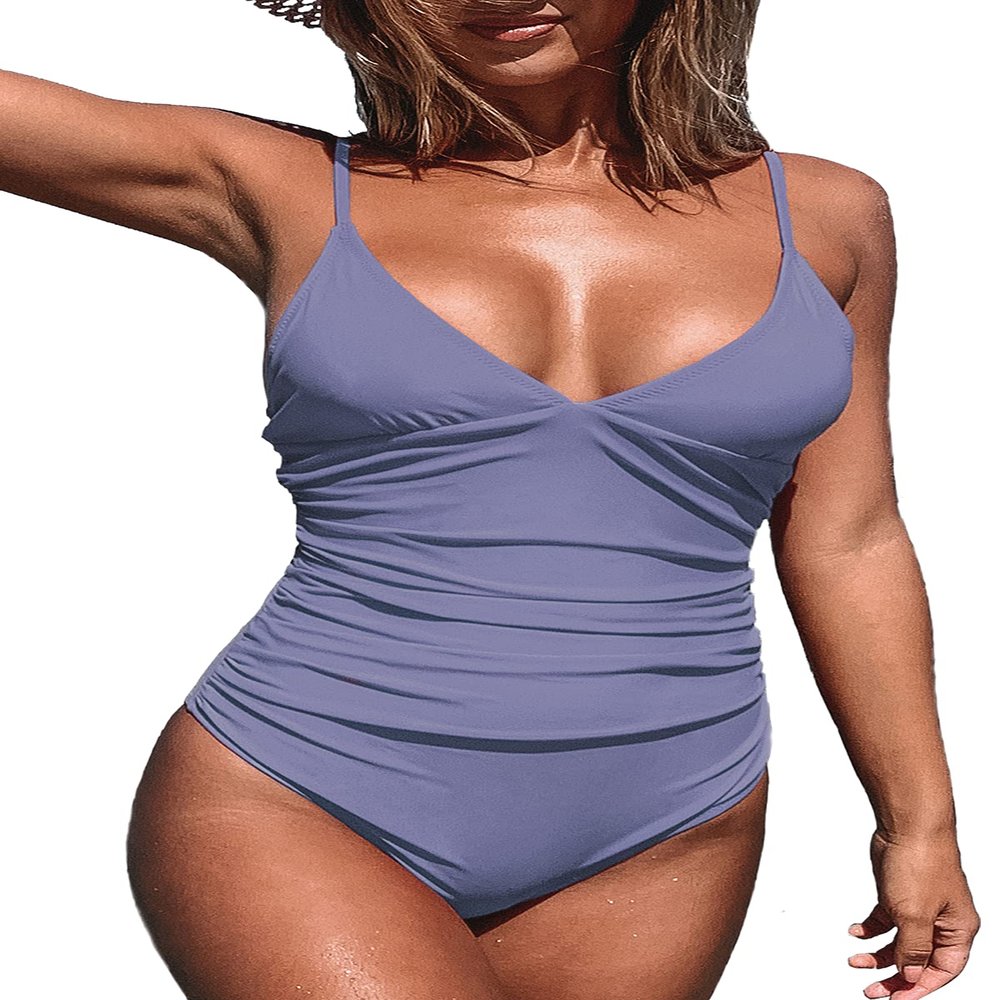 CUPSHE Women's One Piece Swimsuit Tummy Control V Neck Two Piece Bathing Suits, Purple, S