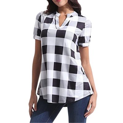 Andongnywell Womens Short Sleeve Shirt Plaid V Neck Loose Tunic Casual Tee Plaid Printed Blouses Tops (White,4X-Large,)
