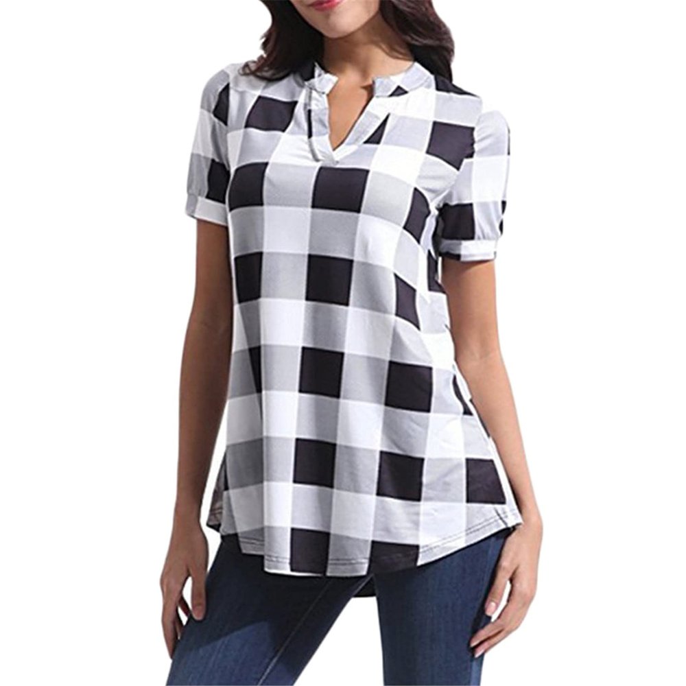 Andongnywell Womens Short Sleeve Shirt Plaid V Neck Loose Tunic Casual Tee Plaid Printed Blouses Tops (White,4X-Large,)
