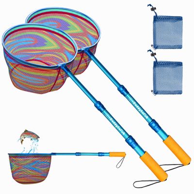 DaddyGoFish Kids Fishing Net - Extendable Telescopic Landing Net for Boy Girl Children Catching Small Fish Crab Shrimp Minnow Dragonfly Beach Pier Lake River Ocean (Style 1 (2 Pack, Blue + Blue))
