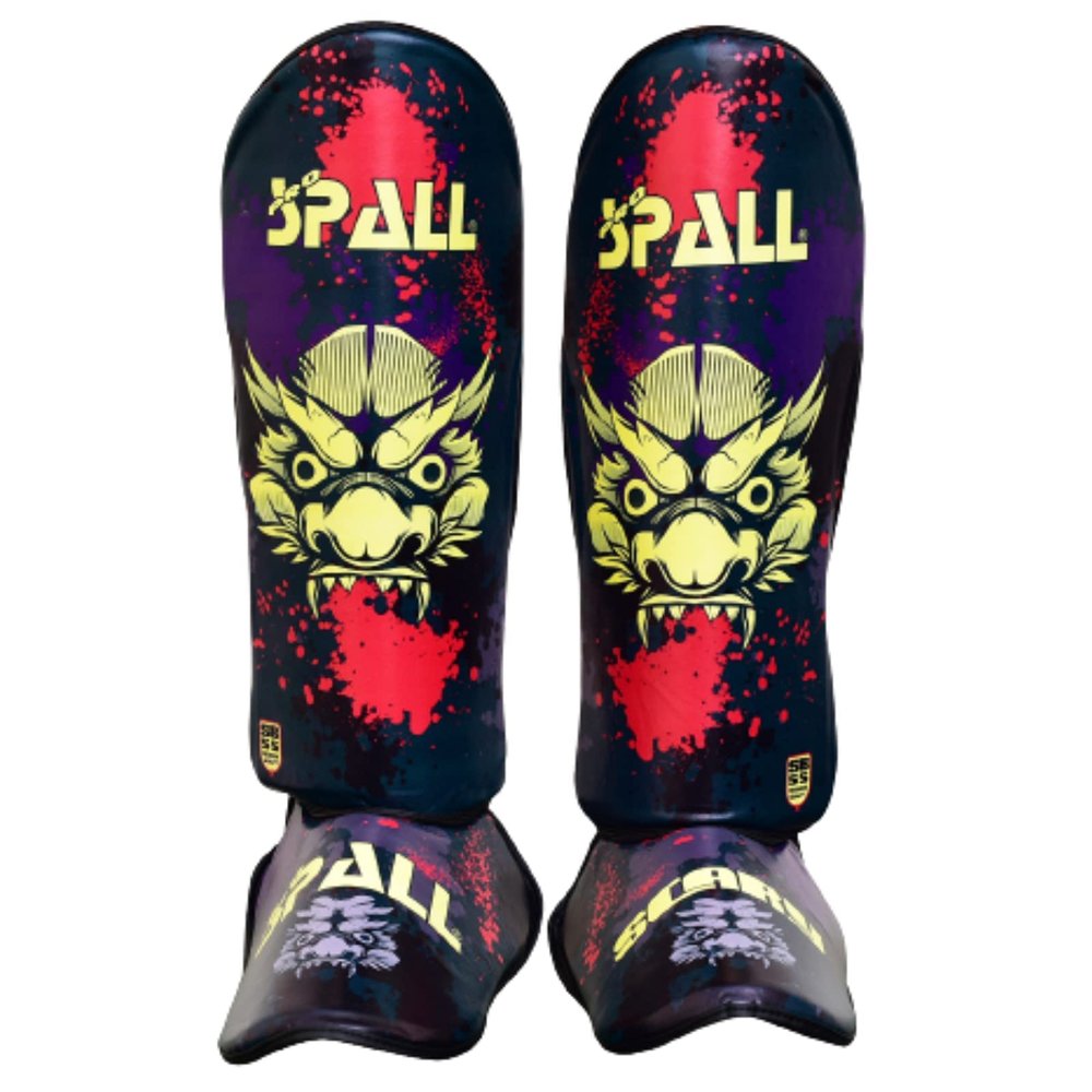 Spall Pro US Muay Thai Guards Shin Guards for Kickboxing Martial Arts BJJ Boxing Sparring with MMA Foot Protector (Large Scary, Green)