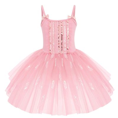 Toddler Kids Girls Sequins Camisole Ballet Dance Dress Glitter Feather Tutu Skirted Leotard Dress Shiny Princess Ballerina Dancewear Gymnastics Stage Performance Party Costume Pink 9-10 Years