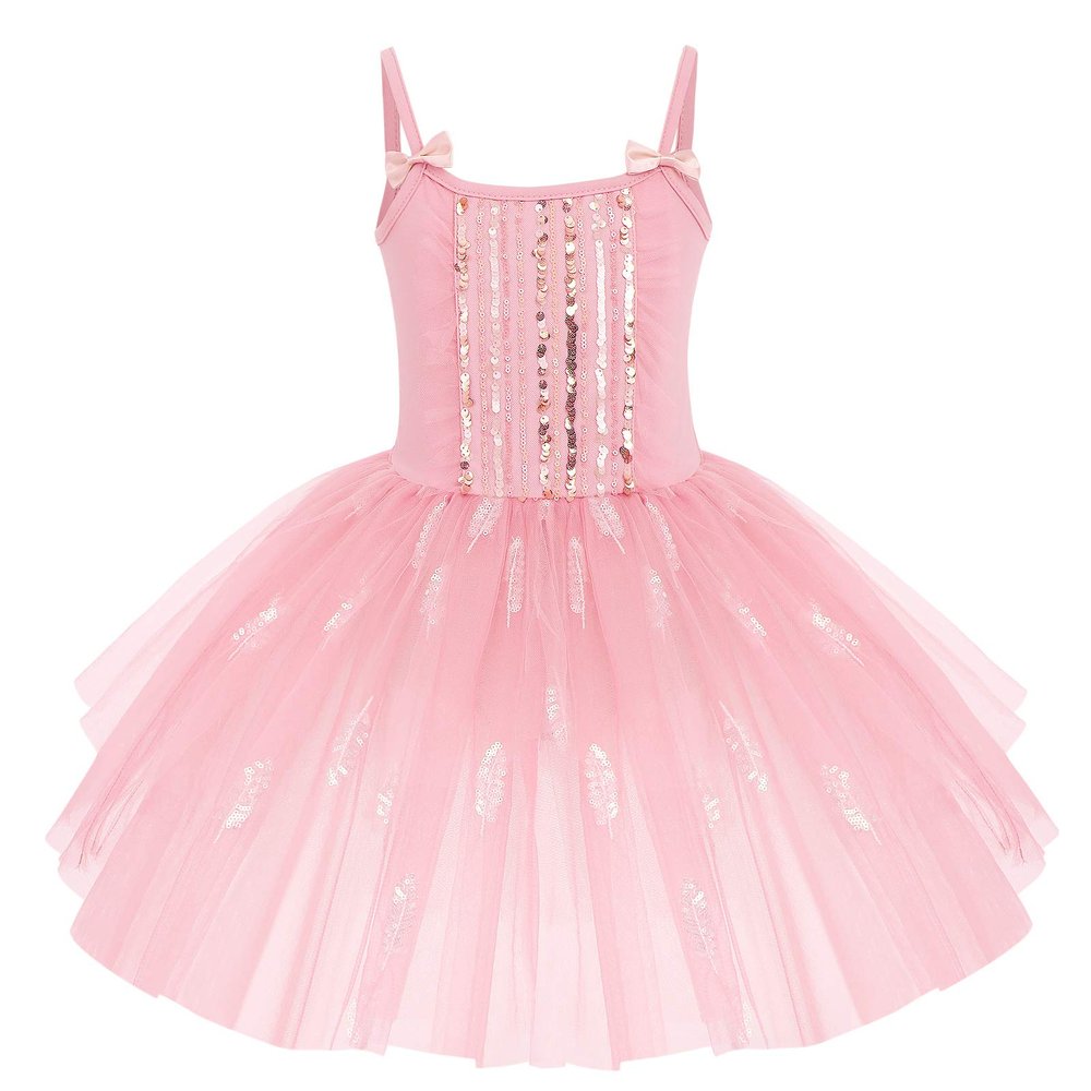 Toddler Kids Girls Sequins Camisole Ballet Dance Dress Glitter Feather Tutu Skirted Leotard Dress Shiny Princess Ballerina Dancewear Gymnastics Stage Performance Party Costume Pink 9-10 Years