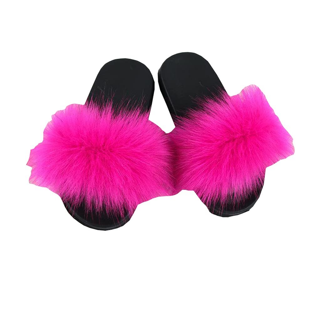 Auhoho Girls Faux Fur Slippers Indoor Outdoor Furry Slides Colorful Beach Sandals Shoes 9 M US Toddler,Rose