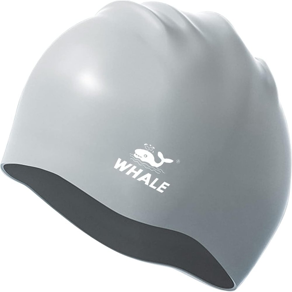 WHALE Extra Large Swim Cap for Women Men, Durable Silicone Swimming Hat with Ear Protection, Unisex Adults Bath Swimming Caps for Long Thick Curly Hair & Dreadlocks Braids Weaves Afro Hair (Silver)