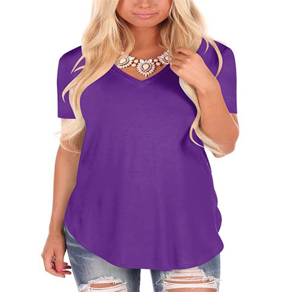 Andongnywell Women's Casual Solid Color T-Shirts Short Sleeve V Neck Loose Summer Casual Tunic Tops Blouse (Purple,Medium,)