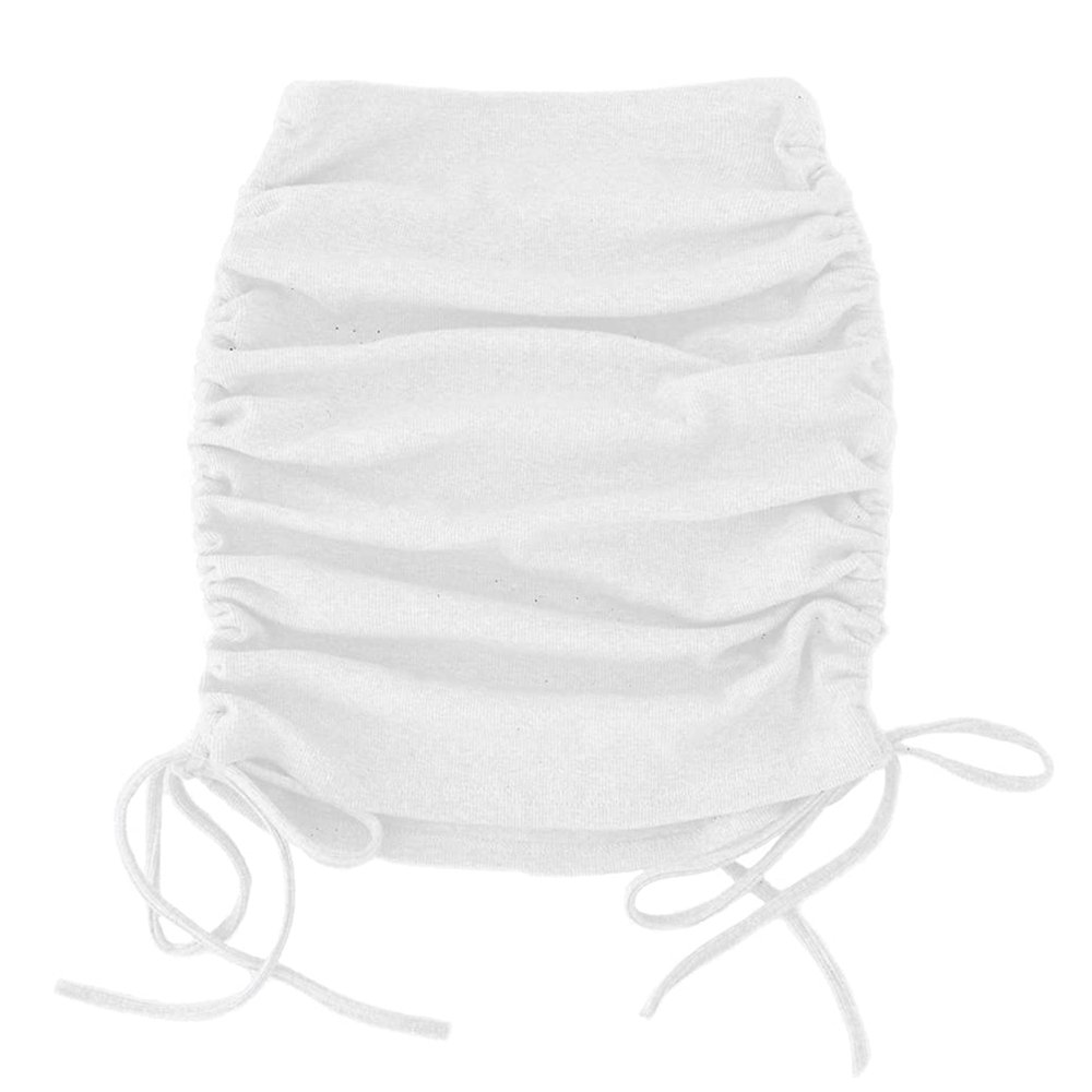Familyhouse Women's Ribbed Side Ruched Gathered Plain Elasticated Stretch Bodycon Mini Skirt High Waist Hip Pencil Skirt (S,White,)