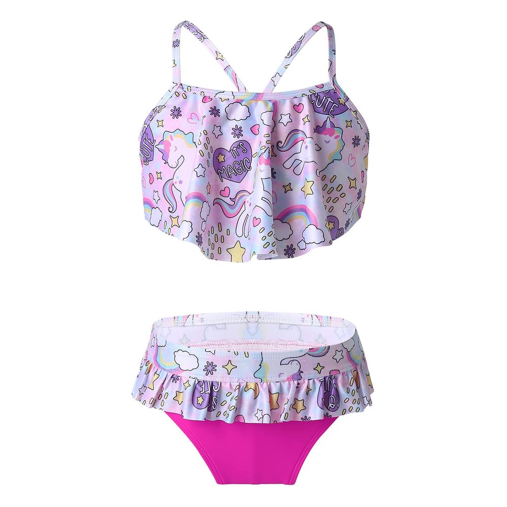 Kaerm Kids Girls Criss Cross Ruffled Tankini Bikini Set Swimwear Cute Cartoon Top with Boyshorts Swimsuit Colorful 2T