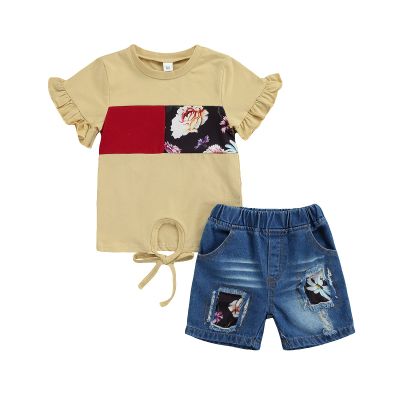 Hzzlokj Toddler Kids Clothing Baby Girls Leopard Print Short Sleeve Tops T-Shirt Ripped Denim Shorts 2Pcs Outfits Clothing Summer Set (Apricot,3-4T,)