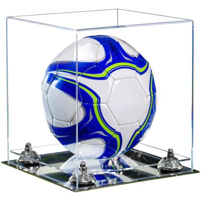 Better Display Cases Acrylic Display Case for Collectibles, Full Size Soccer Ball Display Case,Silver Risers & Mirror Base, Handcrafted Showcase Box.DIM;9.75" L x 9.75" W x 9.75" H. (B02/A027)