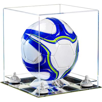 Better Display Cases Acrylic Display Case for Collectibles, Full Size Soccer Ball Display Case,White Risers & Mirror Base, Handcrafted Showcase Box.DIM;9.75" L x 9.75" W x 9.75" H. (B02/A027)