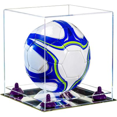 Better Display Cases Acrylic Display Case for Collectibles, Full Size Soccer Ball Display Case,Purple Risers & Mirror Base, Handcrafted Showcase Box.DIM;9.75" L x 9.75" W x 9.75" H. (B02/A027)