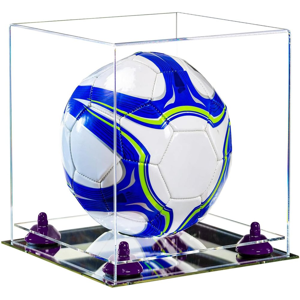 Better Display Cases Acrylic Display Case for Collectibles, Full Size Soccer Ball Display Case,Purple Risers & Mirror Base, Handcrafted Showcase Box.DIM;9.75" L x 9.75" W x 9.75" H. (B02/A027)